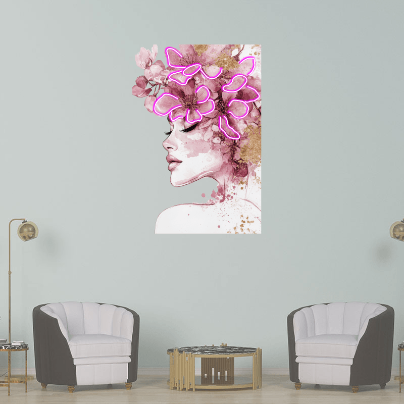 Beautiful Girl Profile LED Neon Sign in Square Frame - Floral Hair Decoration - Perfect for Home Decor & Unique Gifts