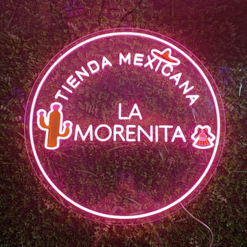 Custom Design USB - Powered LED Neon Sign for Home Decor, 3D Carving Wall Art, “TIENDA MEXICANA LA MORENITA” Text, Cactus and Girl Symbols