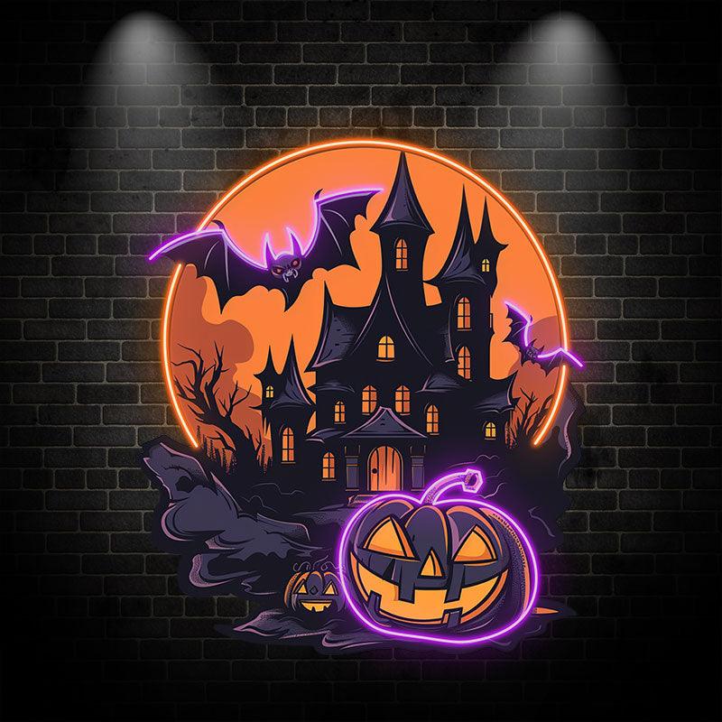 Dark Castle Halloween Neon signs Light | Spooky Moonlit Scene with Bat