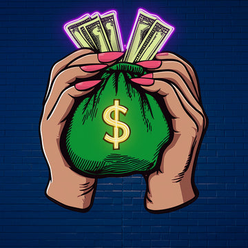 Large LED Neon Sign for Home Art, Hands Holding Money Bag & Dollar Design, Man Cave Neon Lights, Suitable for Bedroom, Home Office, Hotel, Cafe, and Recreation Room Wall Decor
