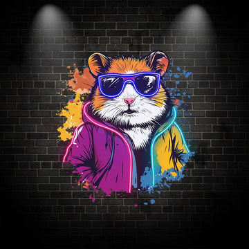 Cool Neon Hamster Art Poster, Funky Hamster with Sunglasses & Neon Jacket, Trendy Animal Wall Decor Light for Kids Room & Lounge