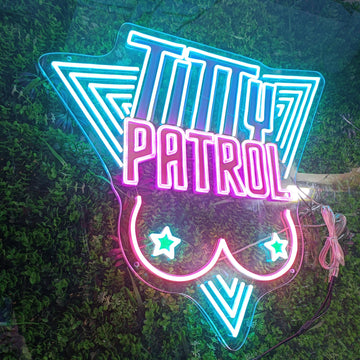 Custom Design USB - Powered LED Neon Sign with 3D Carving for Home and Commercial Decor, ‘TITTY PATROL’ Text, Bra and Star Symbols