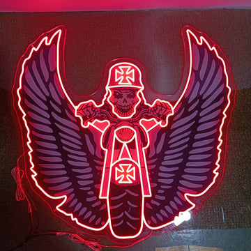 UV printed neon sign, biker bar decor, garage LED sign, eagle helmet logo, made to order