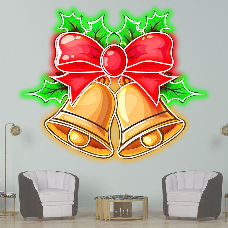 Christmas Bells LED neon signs Light Decoration - Red Bow Tie Decoration with Green Leaves Surround, Perfect Holiday Home Decoration