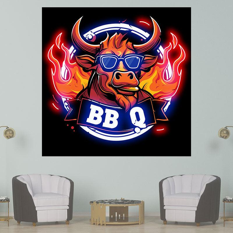 Handsome bull wearing sunglasses barbecuing neon signs