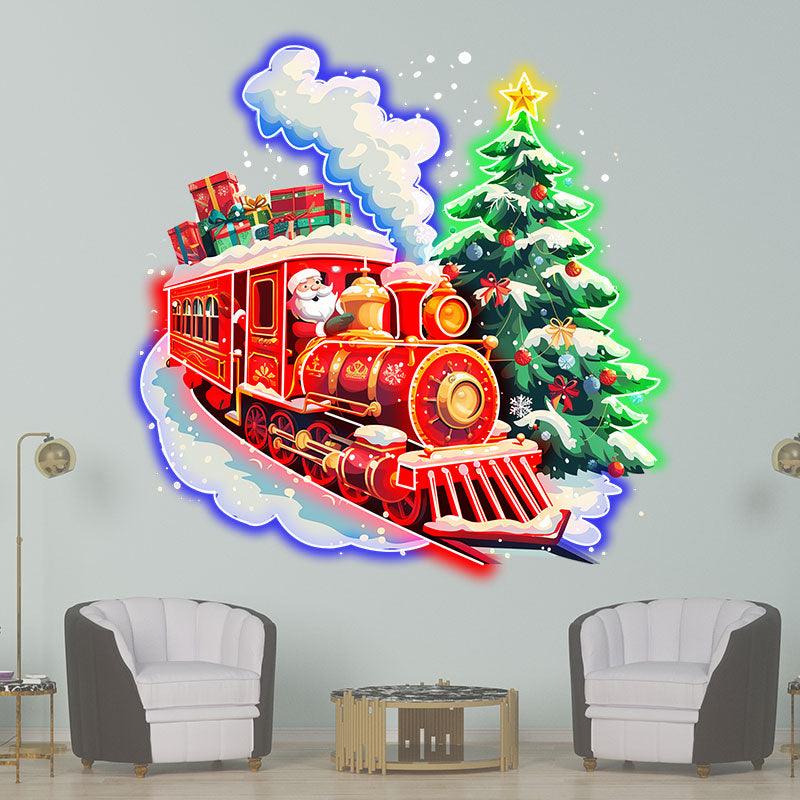 Santa Claus Red Train LED Lights neon signs  - Filled with Christmas Gifts with Green Christmas Tree, Perfect Holiday Decoration