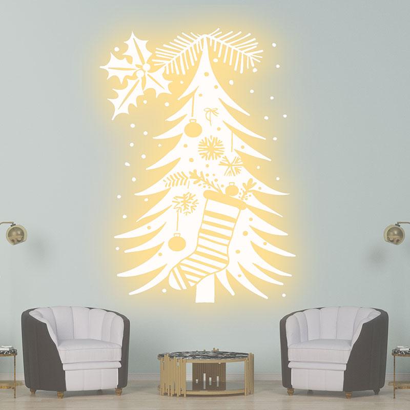 Glowing Gold Christmas Tree Decorations - Hang gold stockings and lanterns for a cozy holiday atmosphere neon signs