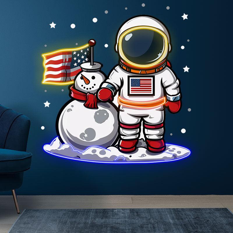 Christmas Astronauts and Snowmen: A Joyful Space neon signs Celebration Decorated with American Flags