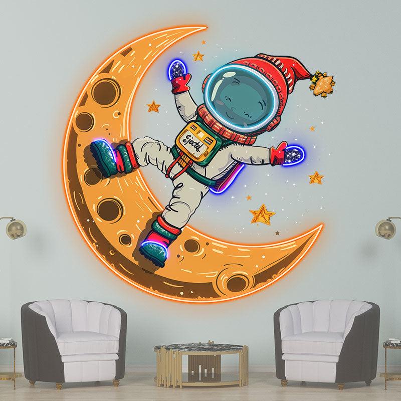 Merry Christmas Astronaut neon signs: A Holiday Miracle Swimming in Space on a Yellow Bent Moon