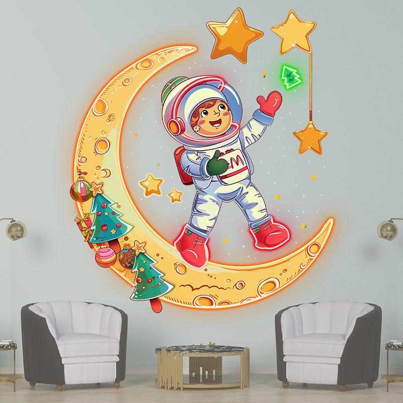 Astronauts on a golden Christmas-decorated moon: happy stargazing holiday miracle neon signs