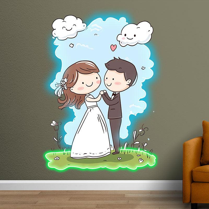 Bride and Groom Hand in Hand LED Neon signs | Blue Sky and White Clouds Warm Picture Decoration Lights | Suitable for Wedding and Home Decoration