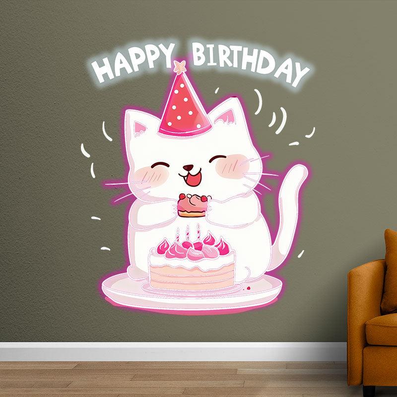 Happy Kitten With Hat Happy Birthday Neon signs | LED Decoration Lights | Cute Birthday Cake Wishing Lights | Creative Party Decoration