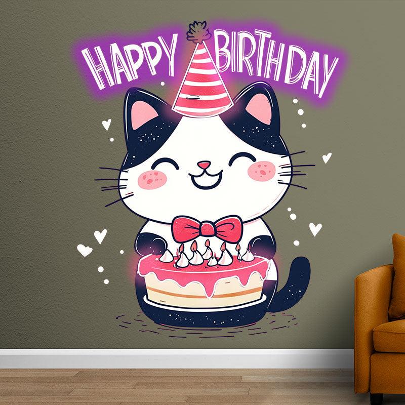 Happy Flower Kitten with Hat Happy Birthday Neon signs | LED Decoration Lights | Cute Cake Wishing Lights | Creative Birthday Party Decoration