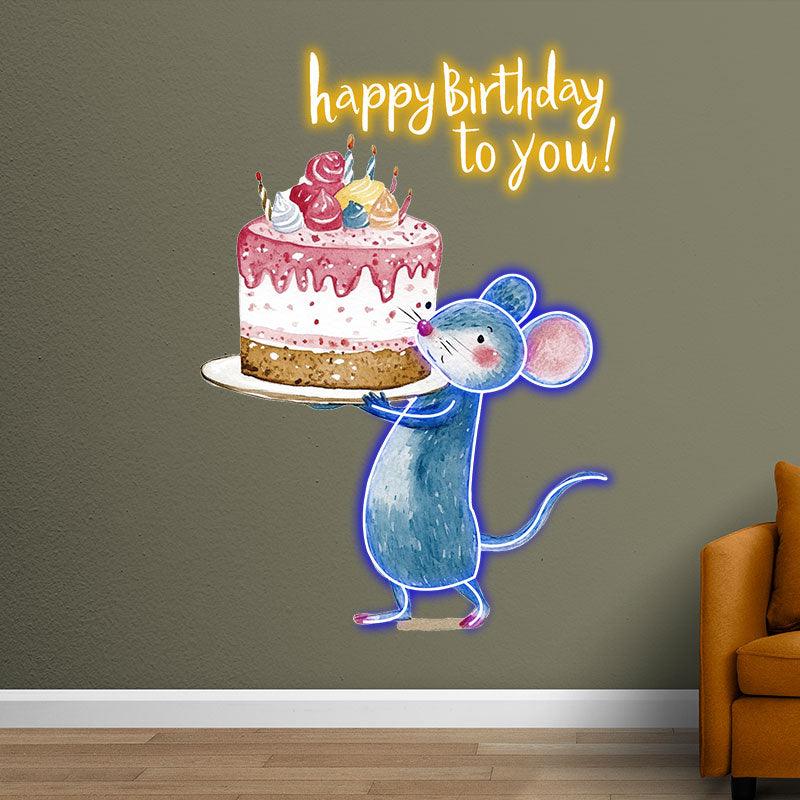 Little Mouse Lifting Big Cake Happy Birthday Neon | LED Decoration Lights | Cute Birthday Party Decoration | Creative Gifts