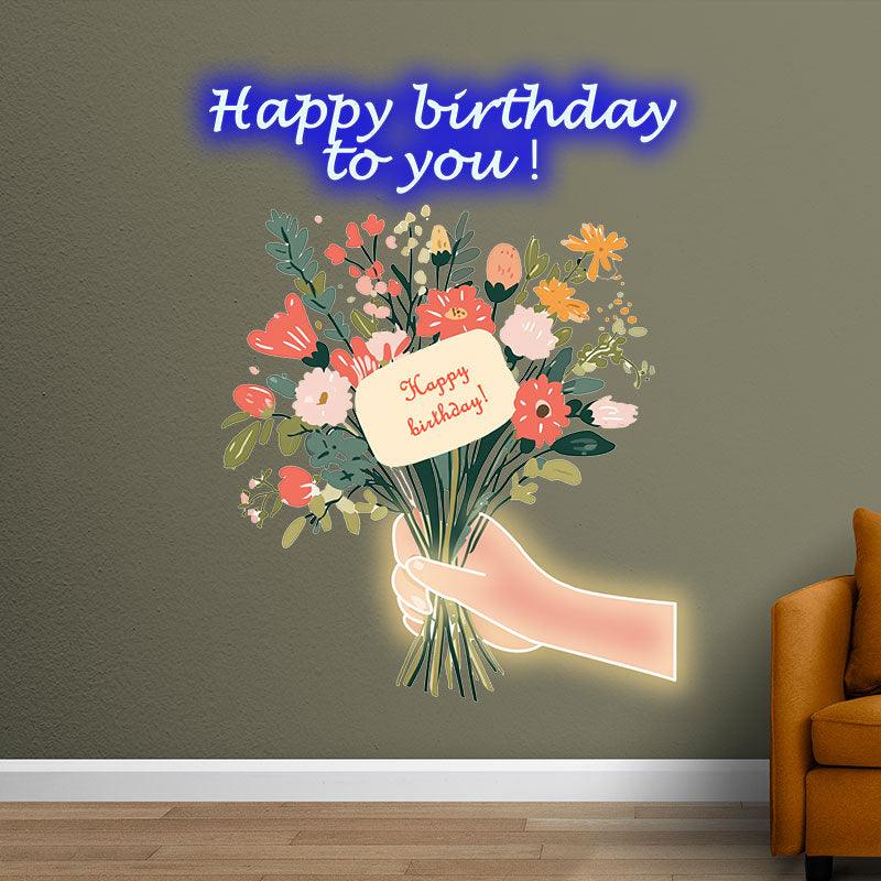 Hand Flower Birthday Wishes Neon signs | LED Decoration Lights | Creative Gifts | Suitable for Birthday Party, Home Decoration