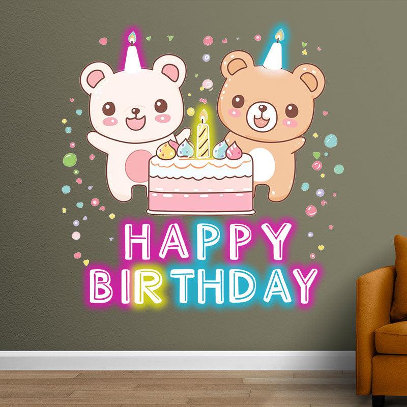 Two Bears Around Cake Birthday Blessing Neon sign Lights | LED Decoration Lights | Cute Birthday Party Decoration | Creative Gifts