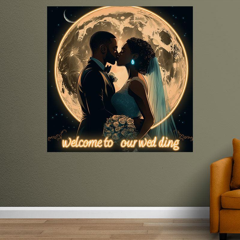 Romantic Wedding Neon signs| Bride and Groom Kissing Scene | Giant Moon Background Decoration | LED Lighting Blessing