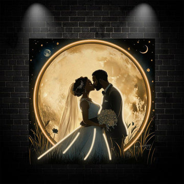 Square Wedding Neon signs| Bride and Groom Kissing Scene | Golden Giant Moon Background | LED Decorative Lighting