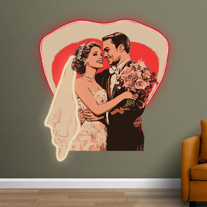 Bride And Groom Happy Embrace Neon signs | Happy Smile Background | Solid Shield LED Decoration | Wedding Lighting Art