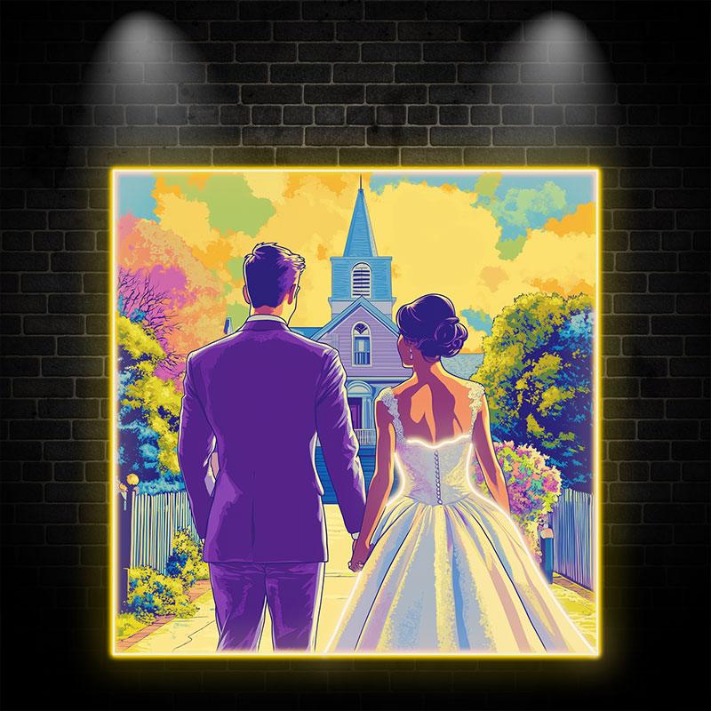 Square Photo Frame Neon  signs| Bride And Groom Holding Hands Facing Church | Golden Grass And Clouds Background | LED Wedding Decoration