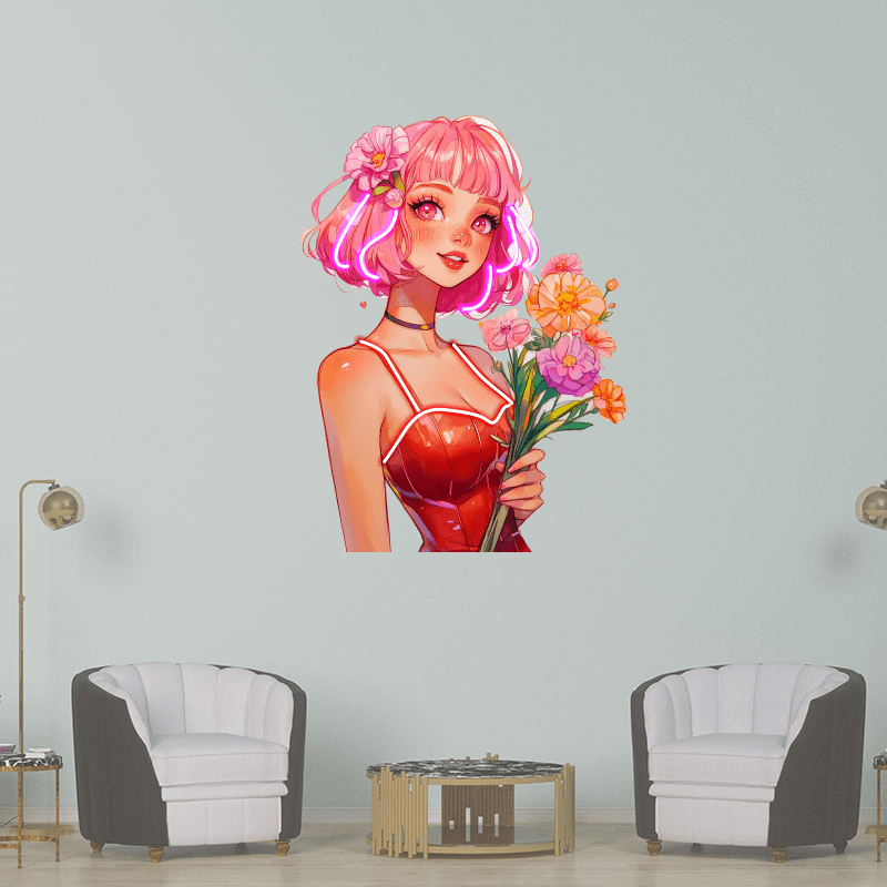 Cute Cartoon Beauty Neon signs Lights - Red hairstyle with dress, hand holding flowers with smile LED decorative lights, personalized home and creative space lighting