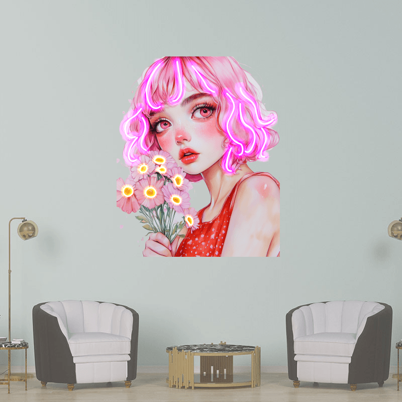 European and American cartoon beauties neon signs - red dress with hair, handheld pink floral decoration - LED light art decorations