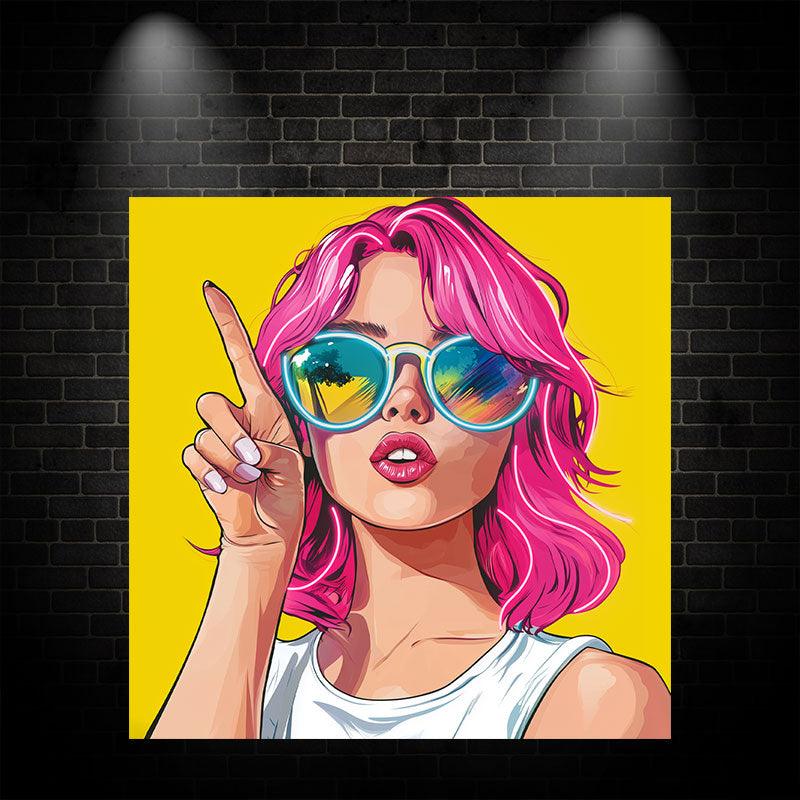 Stylish European and American Beauty Neon signs Lights - Red Hair, Finger Pointing Up, Yellow Square Photo Frame LED Decorative Lights, Personalized Home and Creative Space Lighting