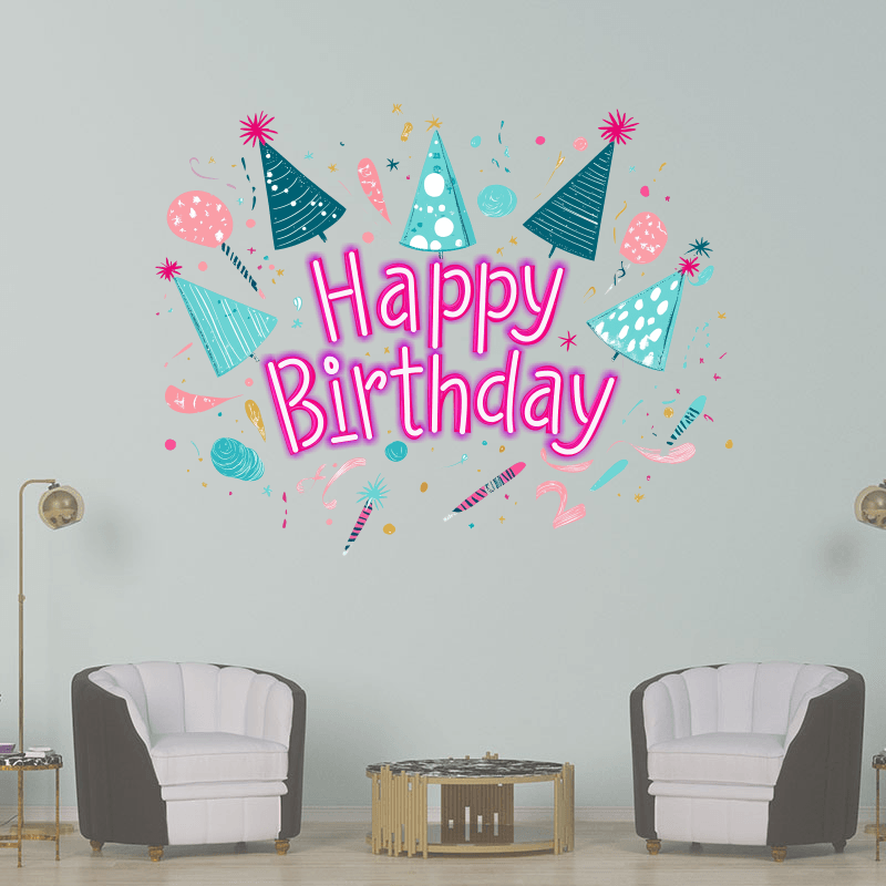 Happy Birthday LED Neon Sign - Festive Party Decor with Party Hats & Candles - Perfect for Birthday Celebrations