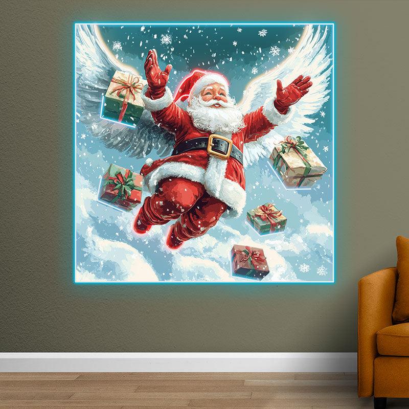 Flying Santa Claus Neon signs | Snow White Wings With Christmas Gift Box Decoration | LED Holiday Lights