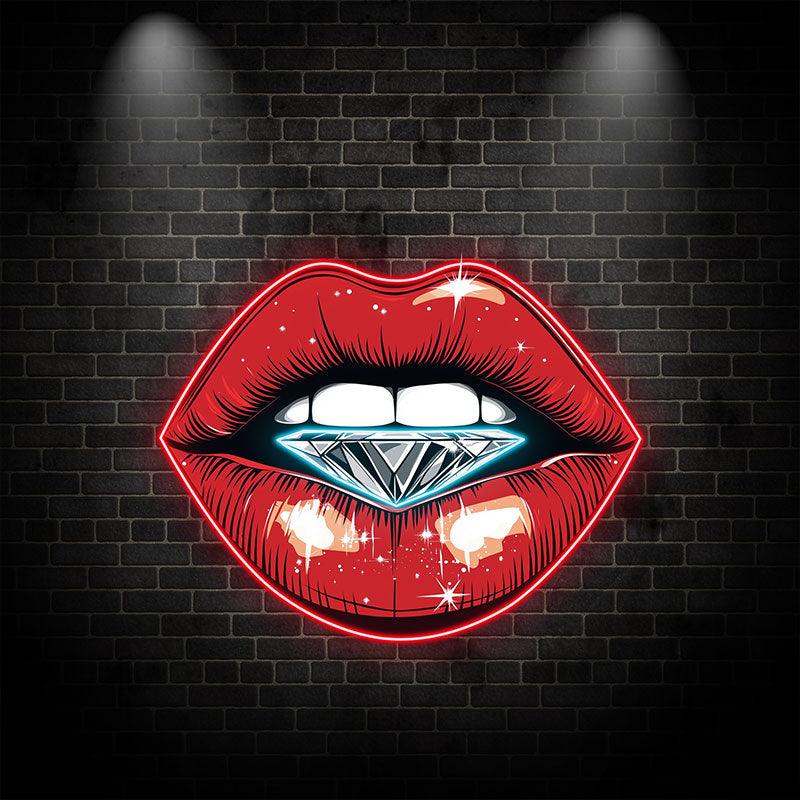 Stunning Red Lips LED Neon Sign - Lip Close-Up with Half-Full Diamond - Perfect for Beauty Salons & Trendy Decor