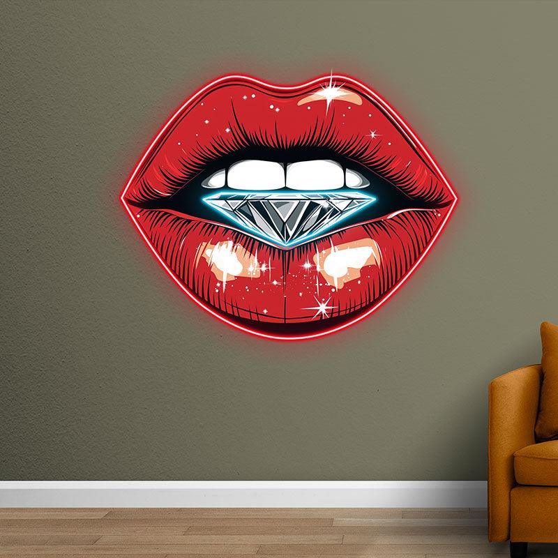 Stunning Red Lips LED Neon Sign - Lip Close-Up with Half-Full Diamond - Perfect for Beauty Salons & Trendy Decor