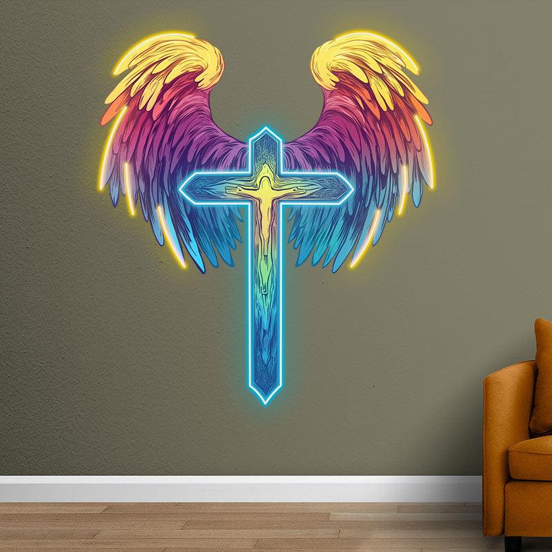 Spread Wings Cross Neon signs| Reddish Yellow Feather Decoration | LED Art Lighting