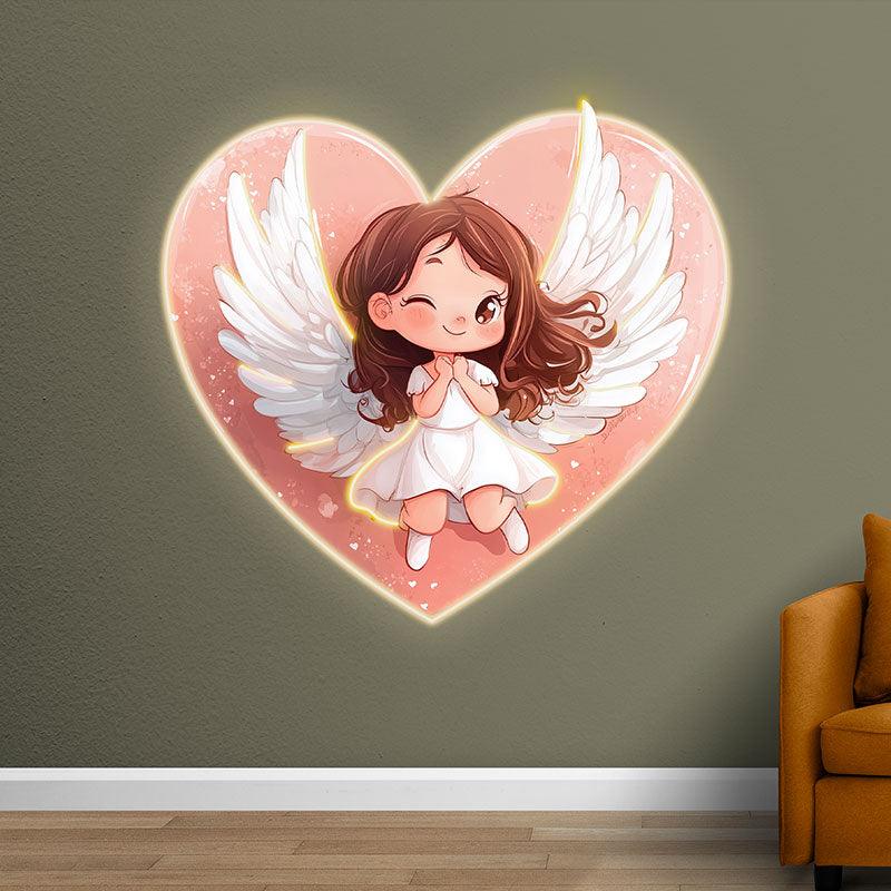 Cute Cartoon Little Girl Neon signs | Open Wings With Red Heart Background | LED Decorative Lights