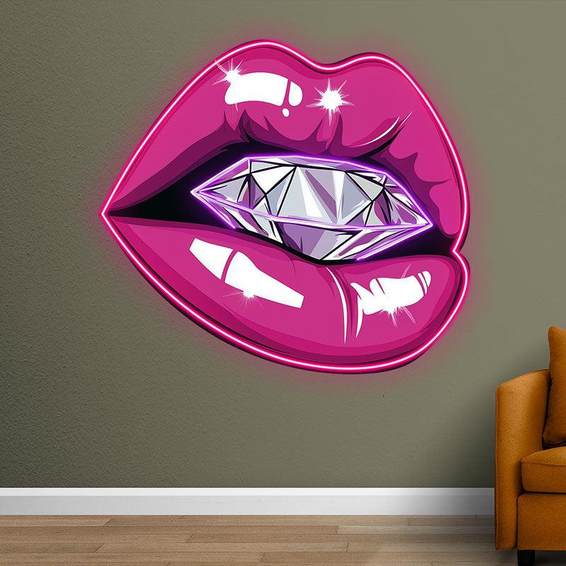 Bold Lip Close-Up LED Neon Sign - Bright Red Lips with Large Diamond - Perfect for Beauty Salons & Glamorous Decor