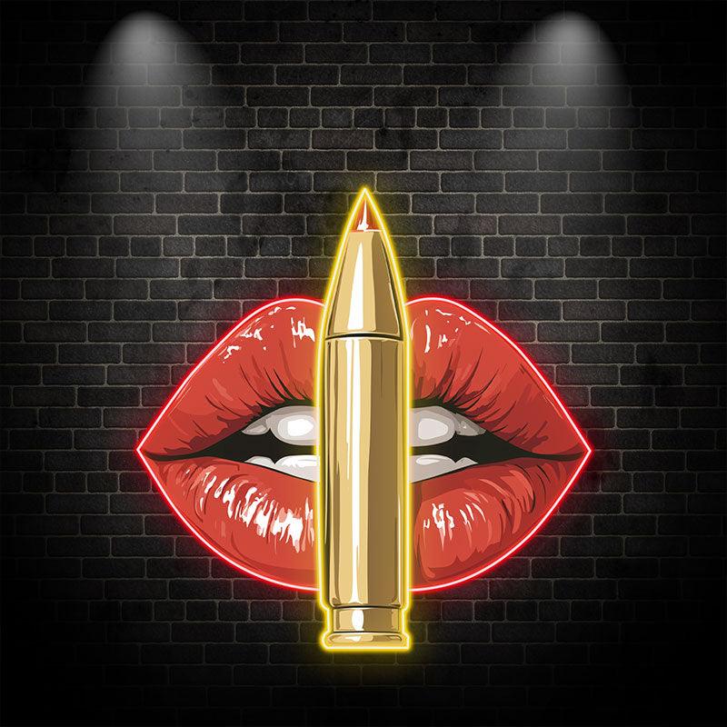 Bold Red Lips LED Neon Sign - Unique Lip Close-Up with Standing Bullet - Perfect for Edgy Decor & Unique Gifts