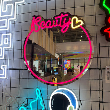 "Beauty" Heart - shaped Neon Mirror, Pink and Yellow Color Scheme, Suitable for Grid Walls, Personalized Decoration for Beauty Stores, Great Item for Beauty - lovers to Take Photos With