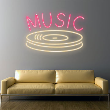 Music Neon Sign LED Wall Light – Retro Vinyl Record Neon Sign for Bedroom, Game Room, Studio, Bar, Cafe – Aesthetic Neon Wall Decor for Music Lovers
