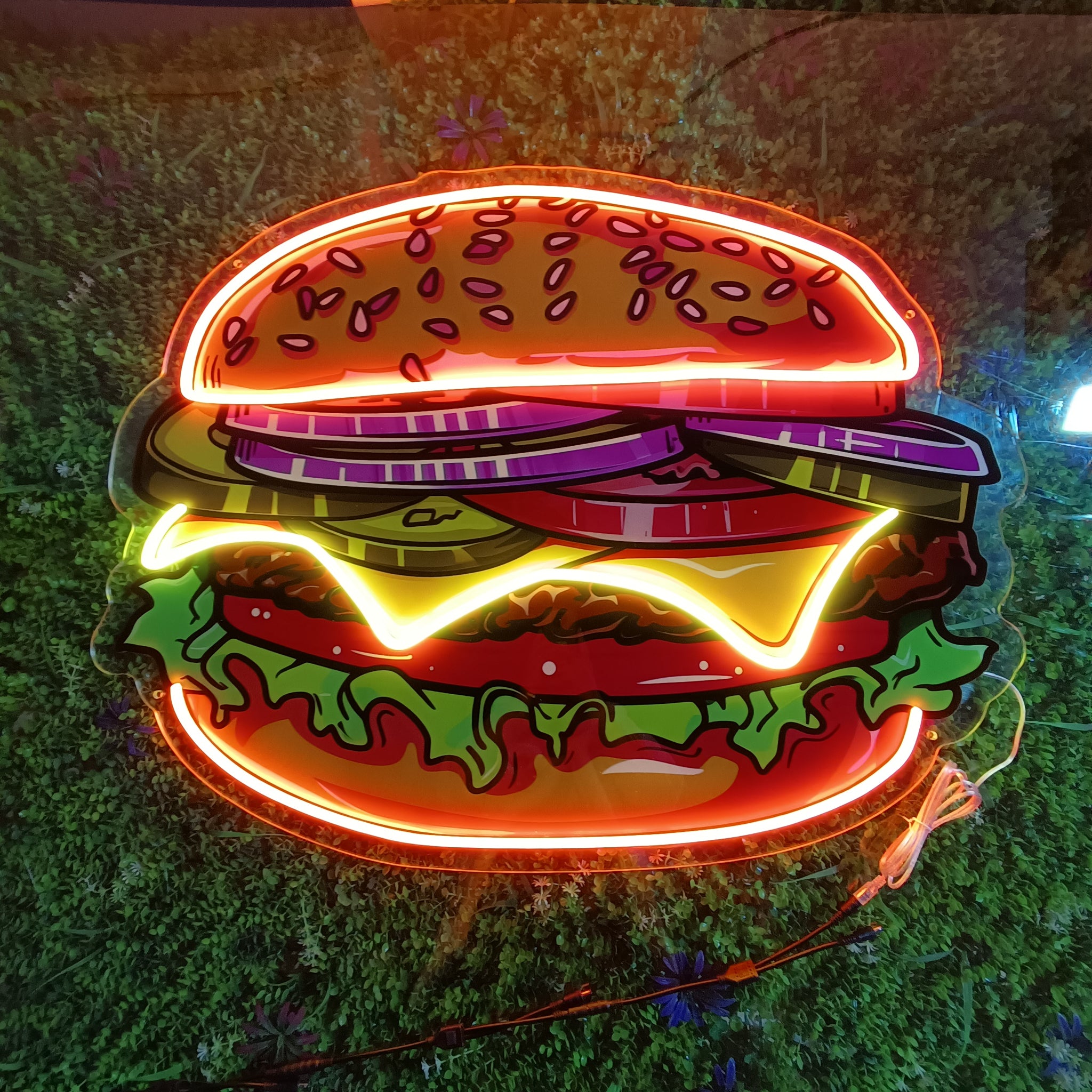 Juicy Burger Neon Sign – LED Wall Light for Burger Shops, Diners, Kitchens & Food Lovers | Handmade Custom Neon for Restaurants, Cafés & Fun Home Decor