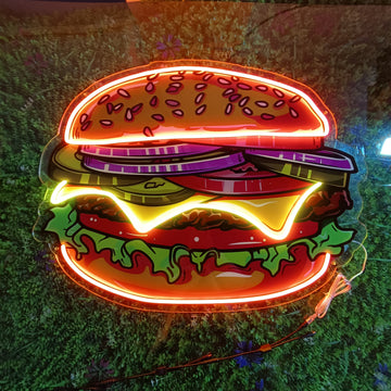 Juicy Burger Neon Sign – LED Wall Light for Burger Shops, Diners, Kitchens & Food Lovers | Handmade Custom Neon for Restaurants, Cafés & Fun Home Decor