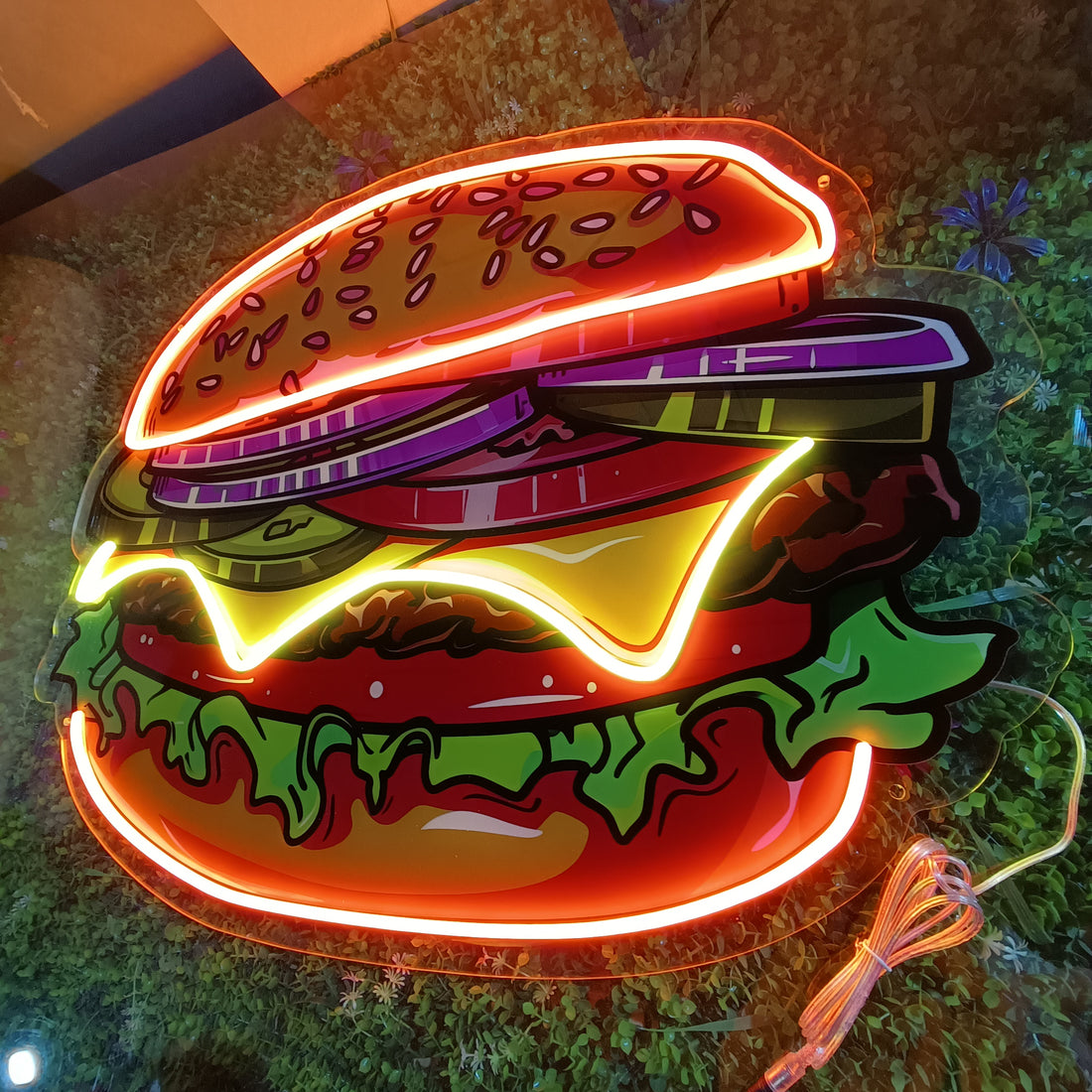Juicy Burger Neon Sign – LED Wall Light for Burger Shops, Diners, Kitchens & Food Lovers | Handmade Custom Neon for Restaurants, Cafés & Fun Home Decor