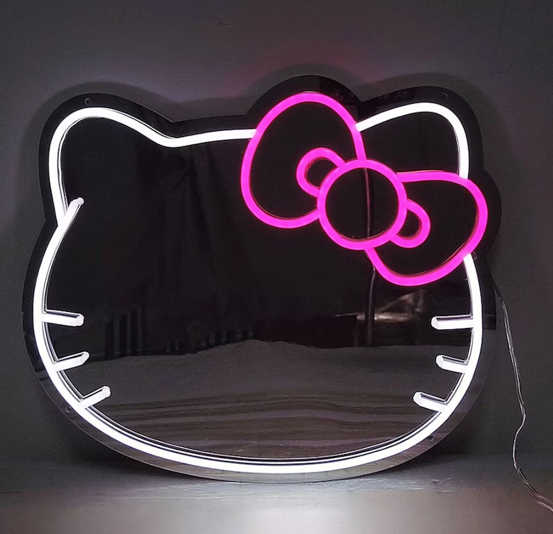 Kitty Neon Mirror Neon Sign Custom LED Light Cat Makeup Mirror Cute Girl Room Decor Wall Mirror Gift for Her