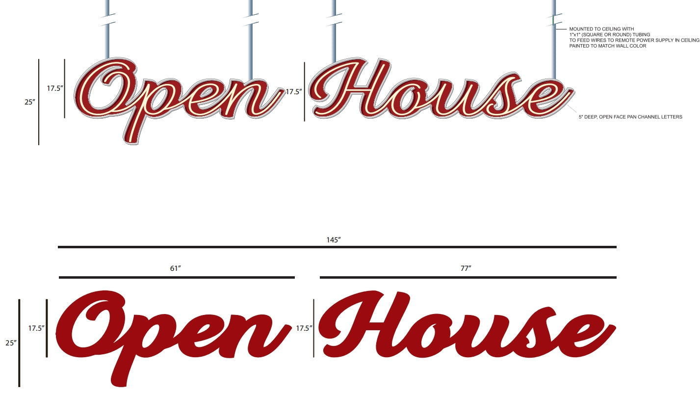 white painted letter frame with red painted letters inside