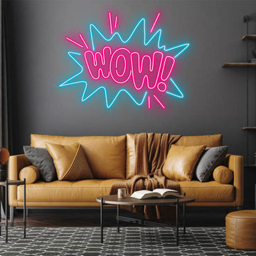 Custom WOW Neon Sign in Pink and Blue, Comic Style LED Wall Art,Ideal for Room Decoration, Party Backdrop and Gift