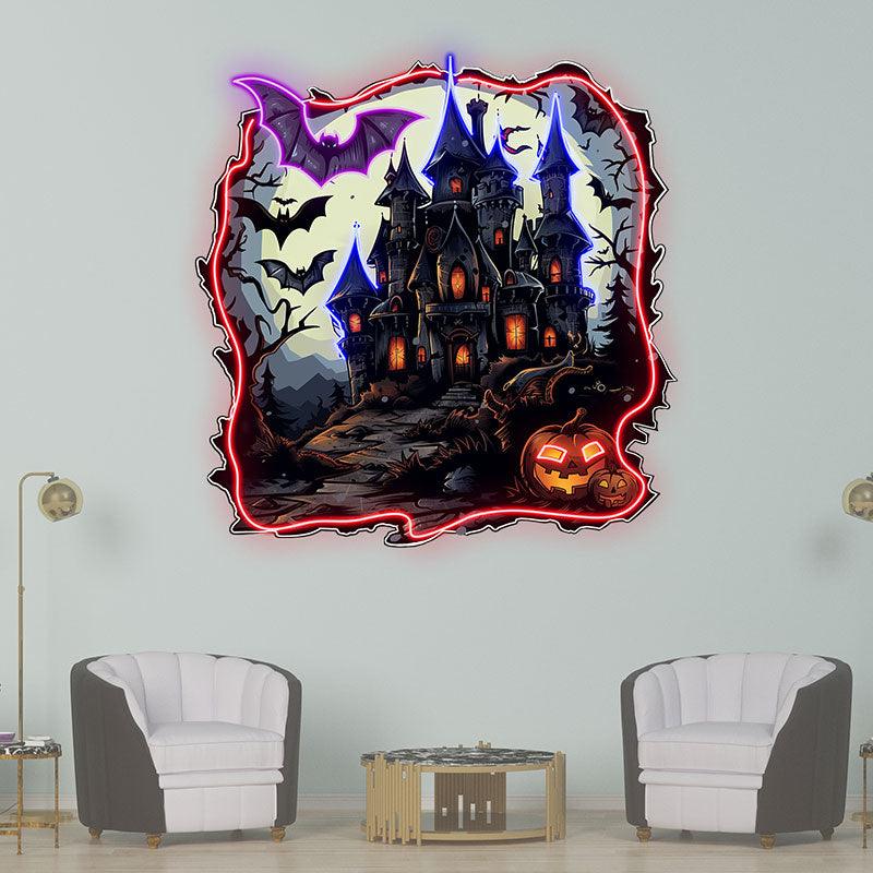 Haunted Castle with Bats and Jack-o’-Lanterns | Spooky Halloween Decor for an Enchanting Night neon signs