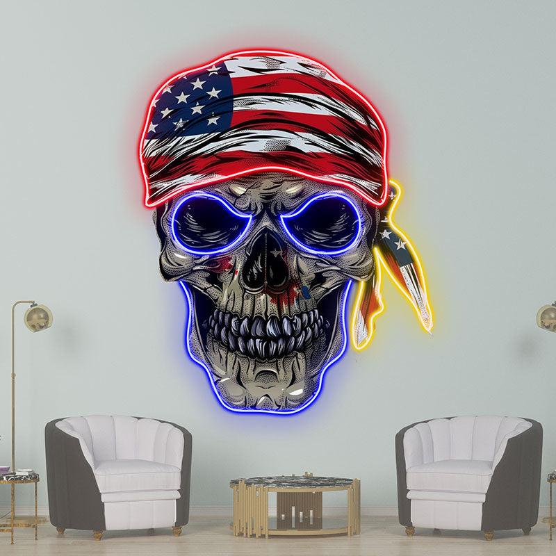 Patriotic Skull Halloween Neon signs Light with American Flag Bandana – Spooky & Festive Decor!