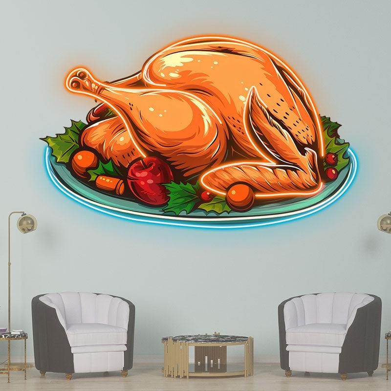 Bountiful Thanksgiving: golden turkey served on a platter for a delicious feast neon signs