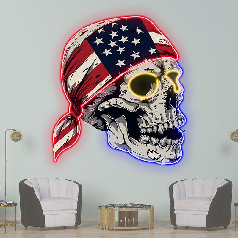 Side View Neon signs Light of a Skull Wearing an American Flag Bandana: A Spooky and Patriotic Decor!