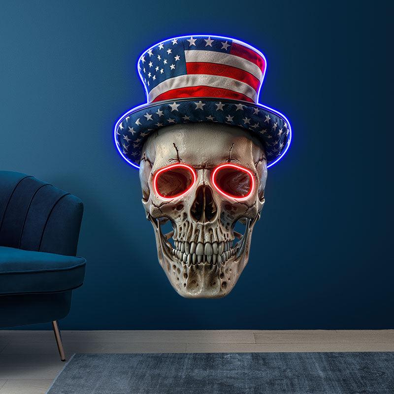 Smiling Skull with American Flag Hat and Glasses: neon signs A Fun and Patriotic Decor!