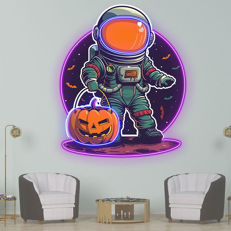 Astronaut Carrying Pumpkin Lights LED Neon signs | Purple Bat Glass Bubble Background Decorative Lights | Creative Halloween Home Lighting