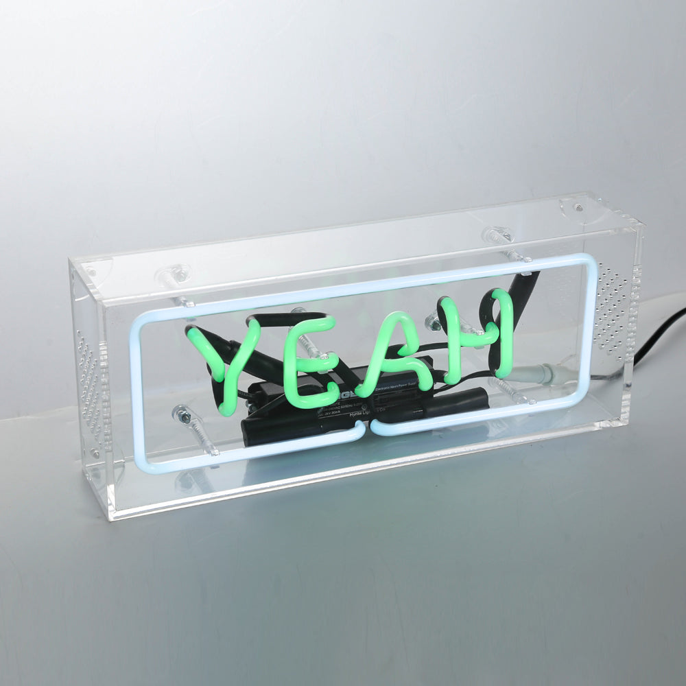 "YEAH" neon sign with green lighting,table standing glass neon tube sign box